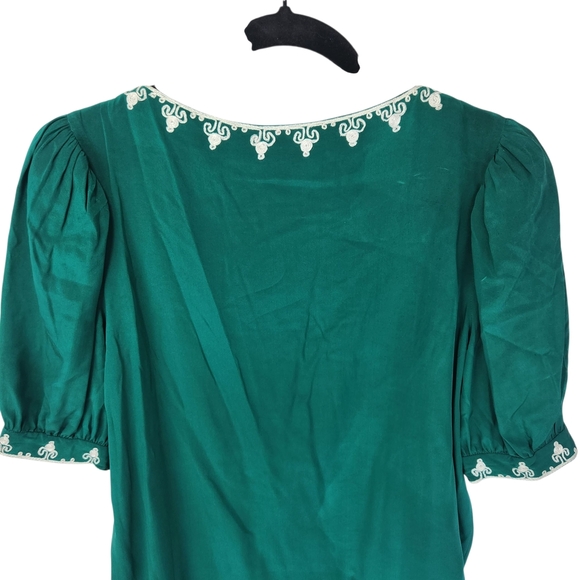 Miss D By Oscar de la Renta Emerald Silk Blouse White Embroidery Vintage 8 - Picture 6 of 12